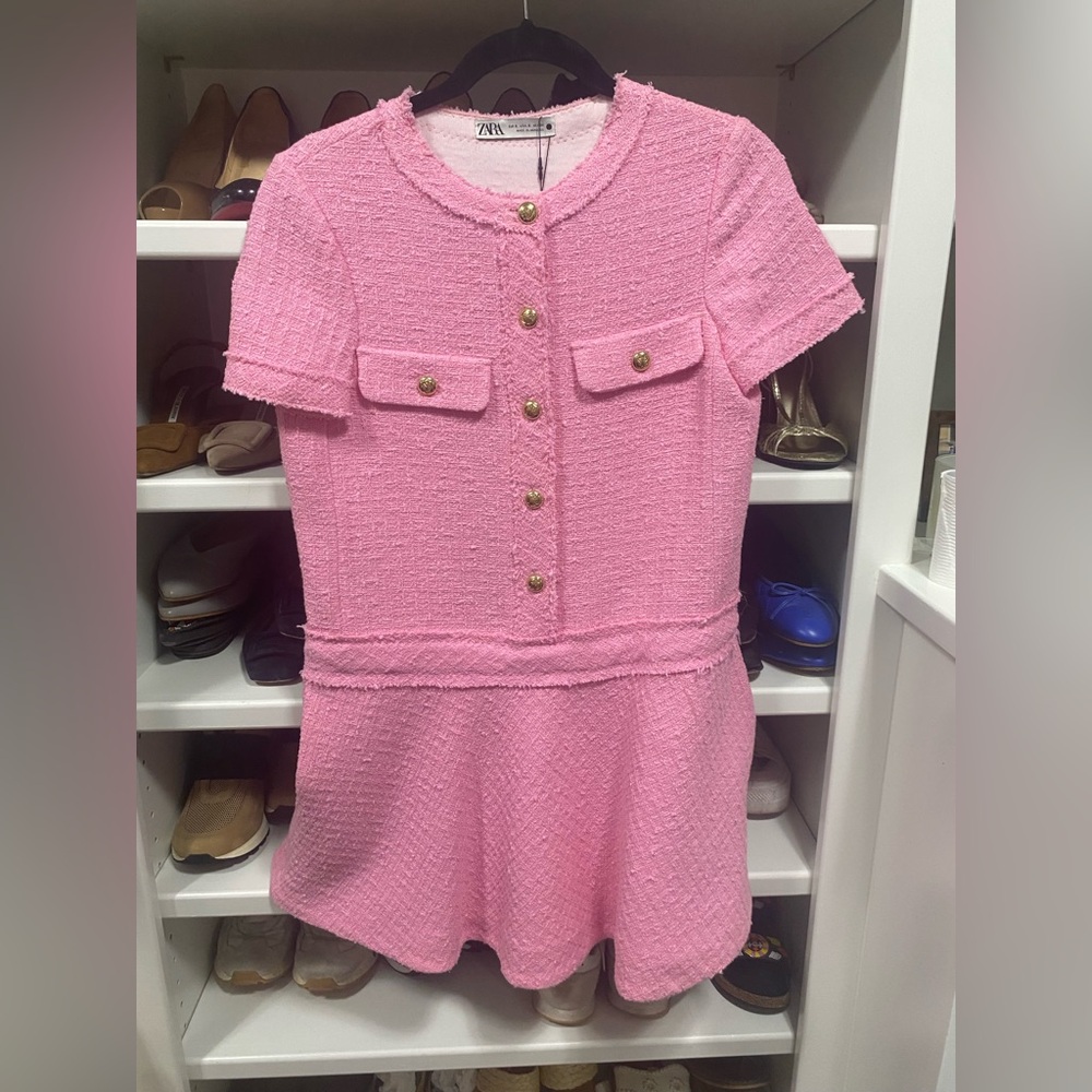 Zara Pink Textured Shift Dress with Gold Buttons